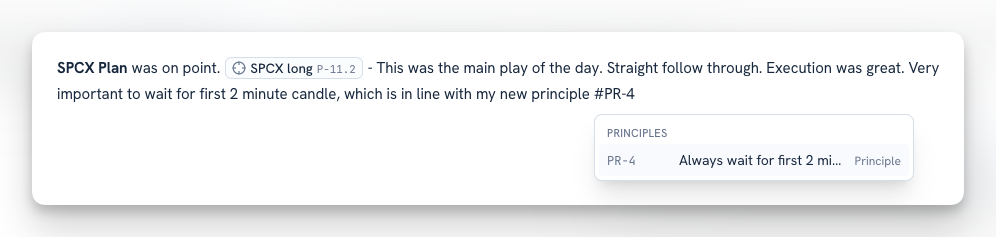 Eine Notiz mit einem Chip auf das Play SPCX long und dem #-Menü, das gerade das Prinzip PR-4 vorschlägt